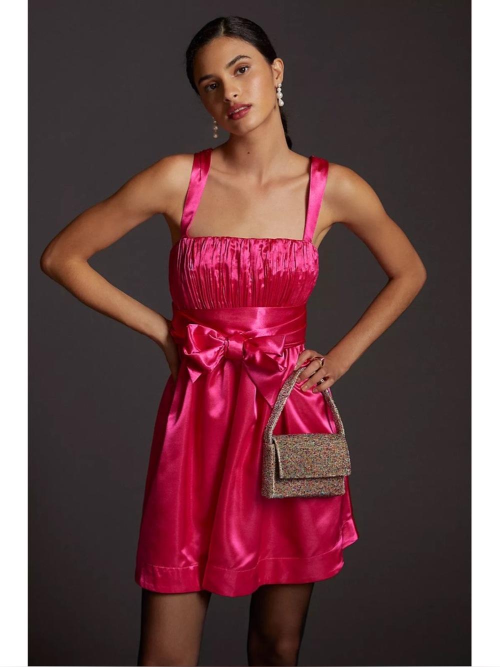 Maeve Anthropologie Bow-Tie Satin Mini Dress in Pink - Picture 2 of 9